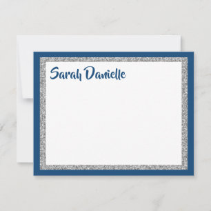 Glitterige Navy Blauwe en Zilveren Dankjewel Flat  Notitiekaartje