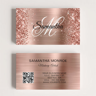 Glitterige Roze Gouden Folie Monogram QR Code Visitekaartje