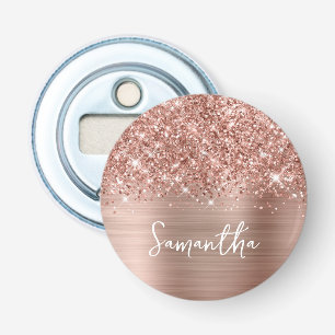 Glitterige Roze Gouden Glam Naam Button Flesopener
