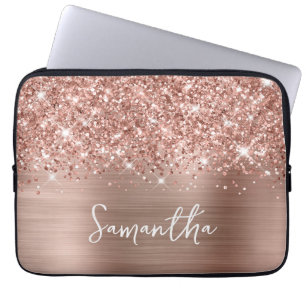 Glitterige Roze Gouden Glam Naam Laptop Sleeve