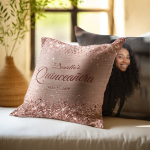 Glitterige Roze Gouden Glam Quinceanera Foto Kussen