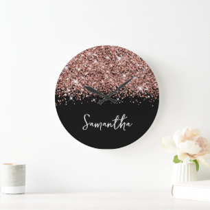 Glitterige Roze Gouden Glam Zwart en Wit Naam Grote Klok