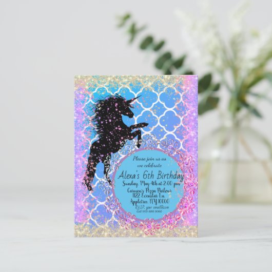 Glitterige Sterachtige Whimsical Eenhoorn Custom Briefkaart (Staand voorkant)