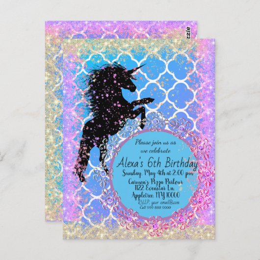 Glitterige Sterachtige Whimsical Eenhoorn Custom Briefkaart (Voorkant / Achterkant)