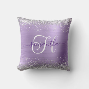 Glitterige Zilver en Licht Paarse Glam Monogram Kussen