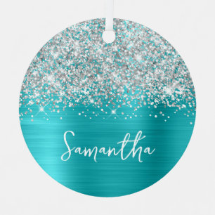 Glitterige Zilver Turquoise Blauwe Glam Naam Metalen Ornament