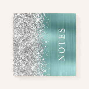 Glitterige Zilveren en Bleek Turquoise Glam Leegbo Notitieboek