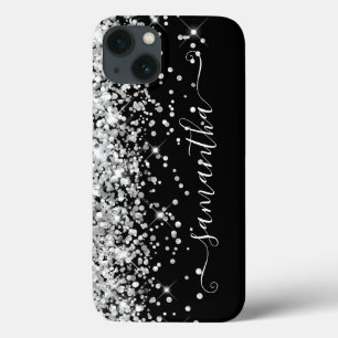 Glitterige Zilveren en Zwarte Vrouwelijke Handteke iPhone 13 Hoesje