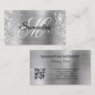 Glitterige Zilveren Folie Monogram QR Code Visitekaartje