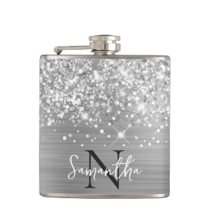Glitterige Zilveren Glam Monogram Heupfles