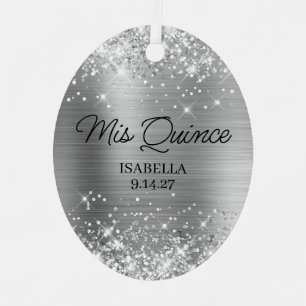 Glitterige Zilveren Glam Quinceañera-Baljurk Foto Metalen Ornament