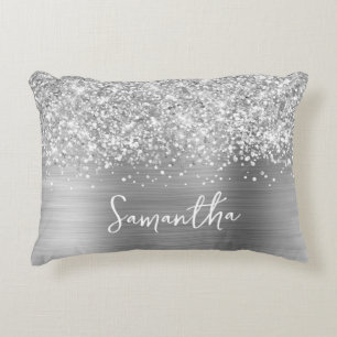 Glitterige Zilveren Glam Schriftnaam Accent Kussen
