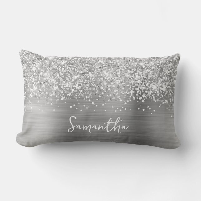 Glitterige Zilveren Glam Schriftnaam Kussen (Voorkant)