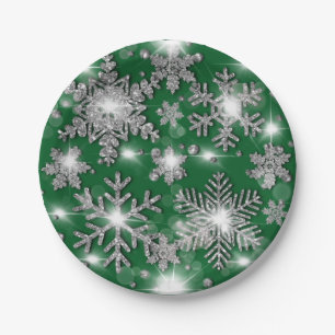 Glitterige zilveren groene feestelijke sneeuwvlok papieren bordje