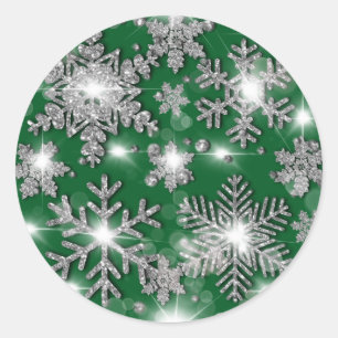 Glitterige zilveren groene feestelijke sneeuwvlok ronde sticker
