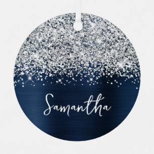 Glitterige Zilveren Marineblauwe Glam Naam Metalen Ornament