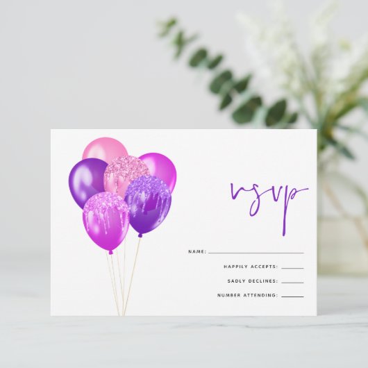 Glitterij Fuchsia Mauve Balloon 60e Verjaardagsfee RSVP Kaartje (Staand voorkant)