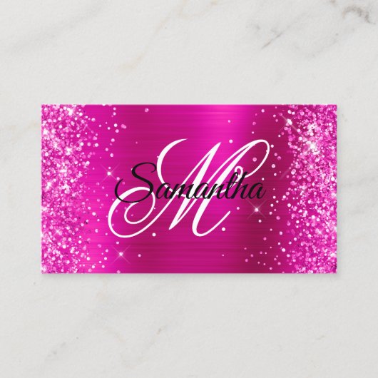 Glitterij Heet Roze Folie Fancy Monogram Visitekaartje (Voorkant)