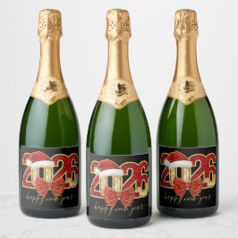 Glittering 2026 New Year Design with Santa Hat Sparkling Wijnetiket