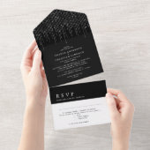 Glittering Silver Black en White Modern Wedding All In One Uitnodiging (Afscheurbaar)