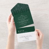 Glittering Silver Emerald Green Modern Wedding All In One Uitnodiging (Afscheurbaar)