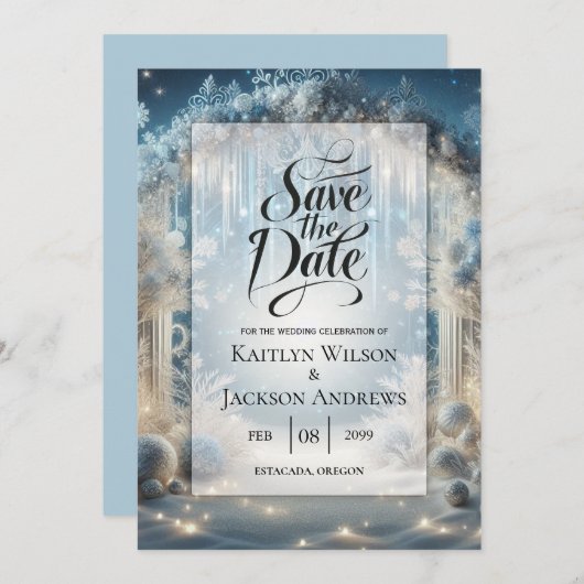 Glittering Snowy Forest Wedding Save The Date (Voorkant / Achterkant)