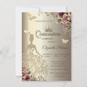 Glitterjurk, Vlinder Bloem Goud Quinceañera Kaart