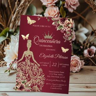 Glitterjurk, Vlinder Bloemige Rode Quinceañera Kaart
