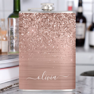 Glittermonogram geborsteld metaal Roos Gold Pink Heupfles