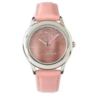 Glittermonogram geborsteld metaal Roos Gold Pink Horloge