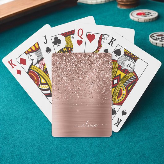 Glittermonogram geborsteld metaal Roos Gold Pink Pokerkaarten
