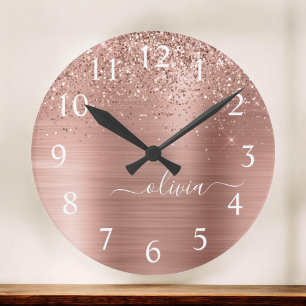 Glittermonogram geborsteld metaal Roos Gold Pink Ronde Klok