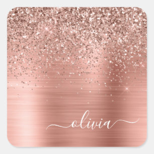 Glittermonogram geborsteld metaal Roos Gold Pink Vierkante Sticker