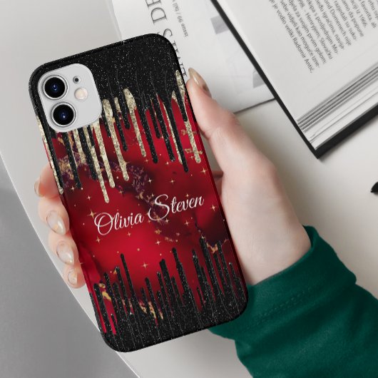 Glittermonogram rode zwarte druppels Case-Mate iPhone case