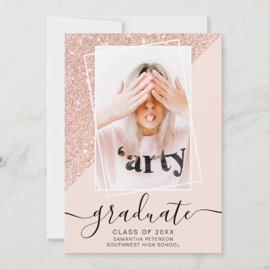 Glitterroze afstuderen fotoblok afstuderen kaart (Voorkant)