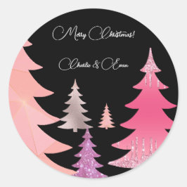 Glitterroze zwart monogram ronde sticker