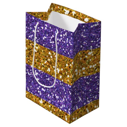 Glitterstripes voor goud en Paars, bedrukt Medium Cadeauzakje (Voorkant Gekanteld)