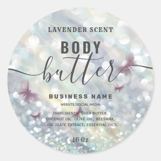 Glittervlinderschrift body butter label (Voorkant)