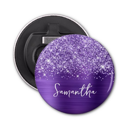 Glittery Amethyst Paarse Glam Name Button Flesopener (Voorkant)