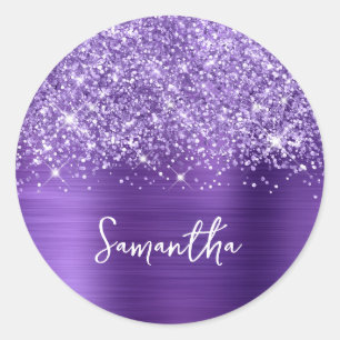 Glittery Amethyst Paarse Glam Name Ronde Sticker