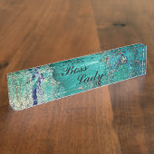 Glittery Aqua Paint Strokes Boss Lady Naambordje (Zijkant)