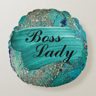 Glittery Aqua Paint Strokes Boss Lady Rond Kussen