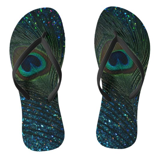 Glittery Aqua Peacock Feather Teenslippers (Voetbed)