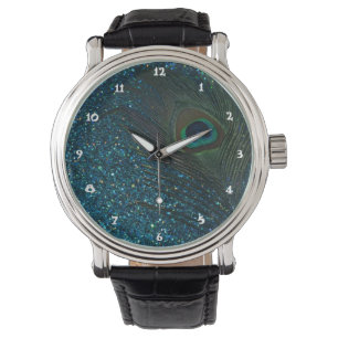 Glittery Aqua Peacock Horloge