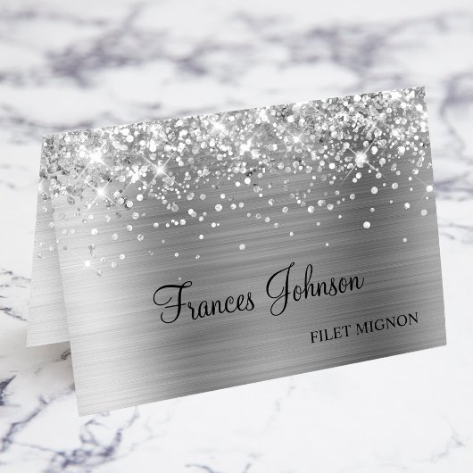 Glittery Argent Repas Choix Nom Cartes Place
