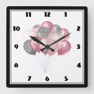 Glittery Balloon Bunch in roze en zilver Vierkante Klok