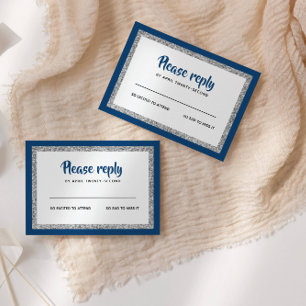 Glittery Bat Mitswa Navy blauw en zilver RSVP Kaartje
