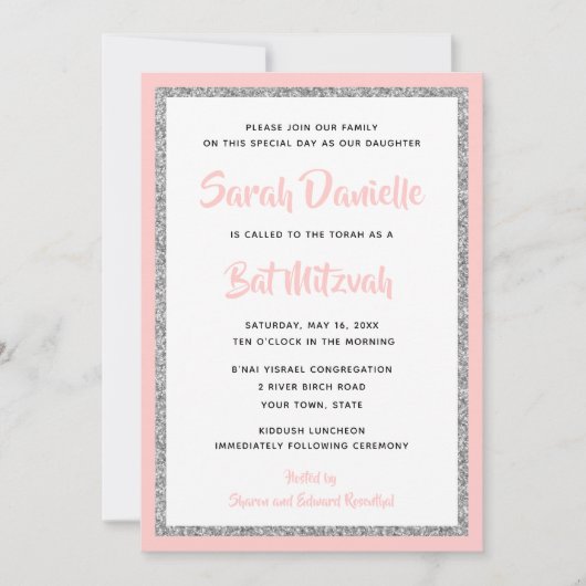 Glittery Bat Mitzvah Light Pink & Silver Rectangle Kaart (Voorkant)