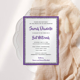 Glittery Bat Mitzvah Paars en Silver Rectangle Kaart