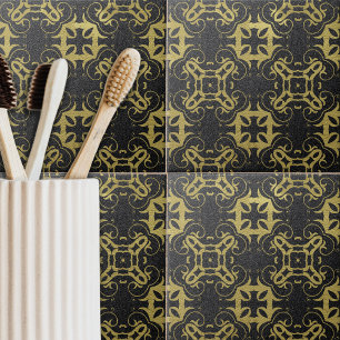 Glittery Black Faux Gold Metallic Damask Patroon Tegeltje